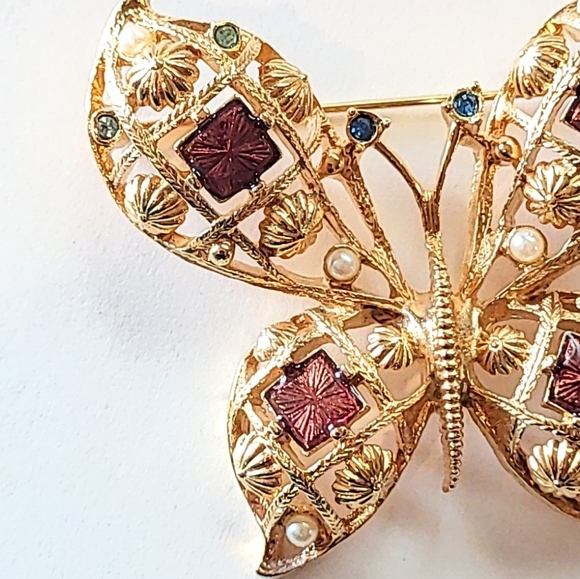 AVON BUTTERFLY PIN BROOCH - VINTAGE GOLDTONE ENAMEL RHINESTONES - Picture 2 of 7